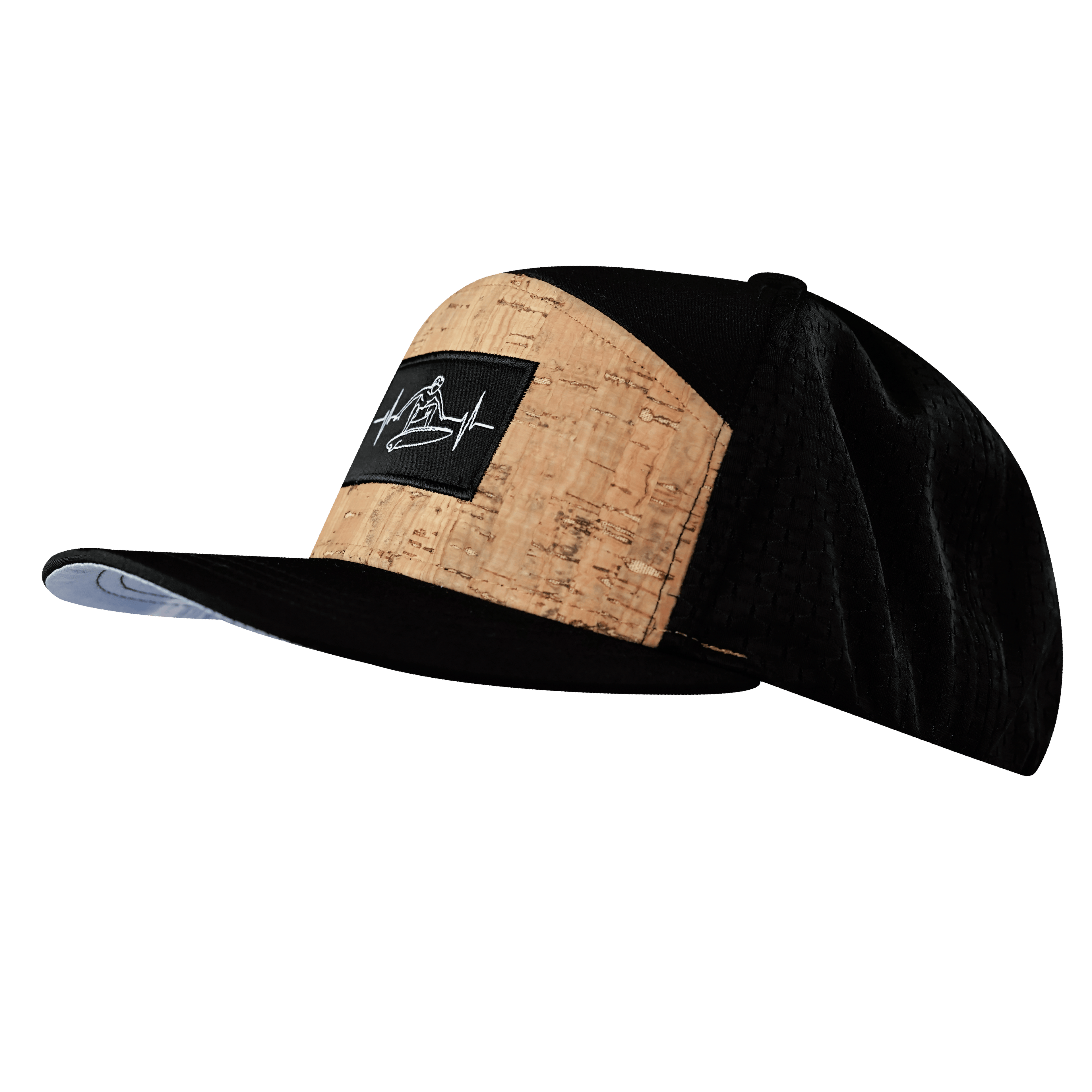 The Heartbeat Brand Surf Hat - Flat Bill - Cork - Black - Laser Mesh — The Heartbeat Brand branding close-up