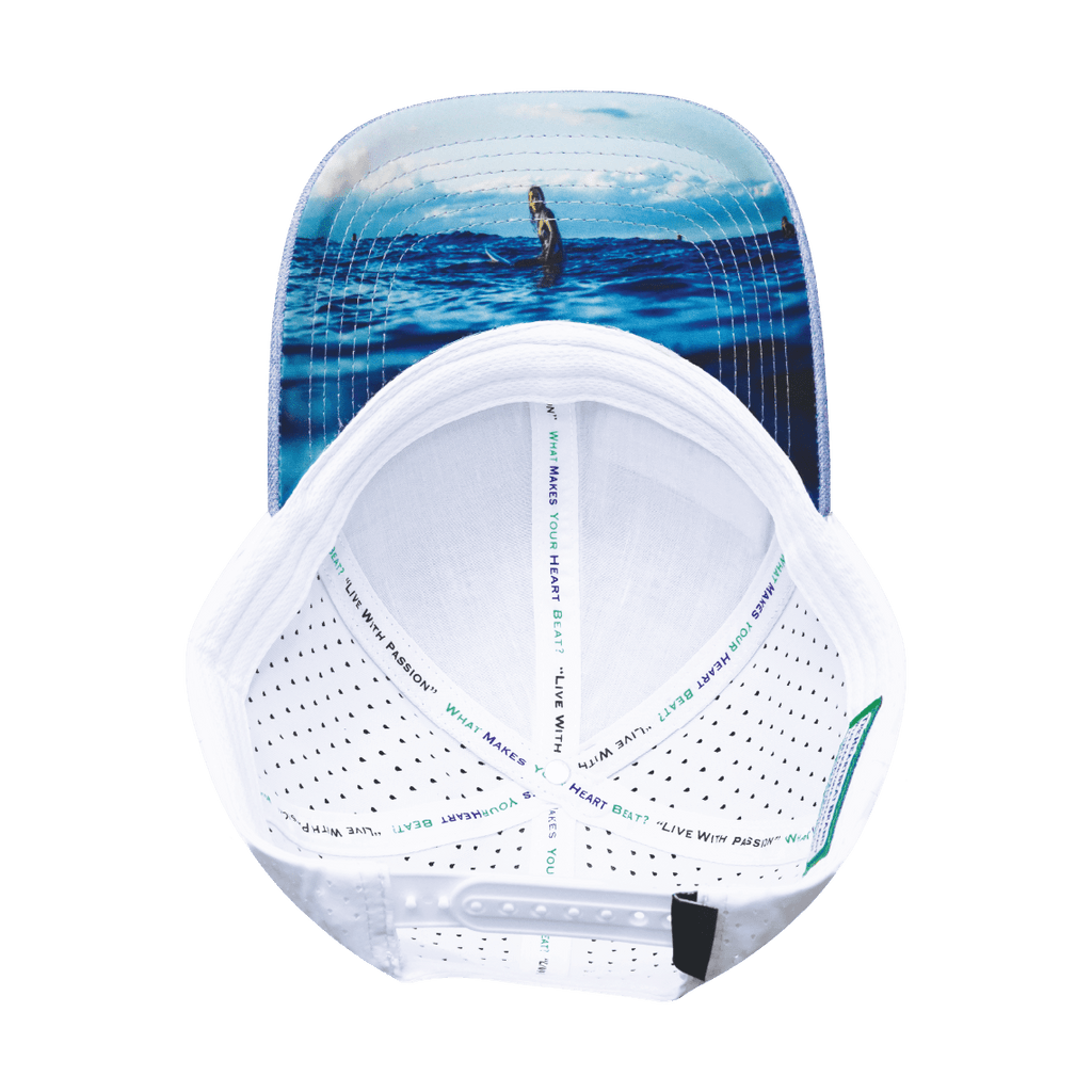 The Heartbeat Brand Surf Low Profile Hat — Light Blue / White — back view