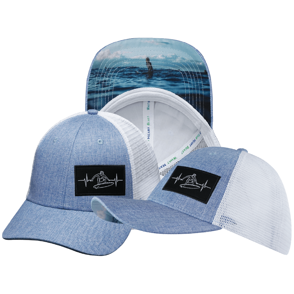 The Heartbeat Brand Surf Hat - Low Profile - Light Blue / White - Trucker Mesh — main product shot