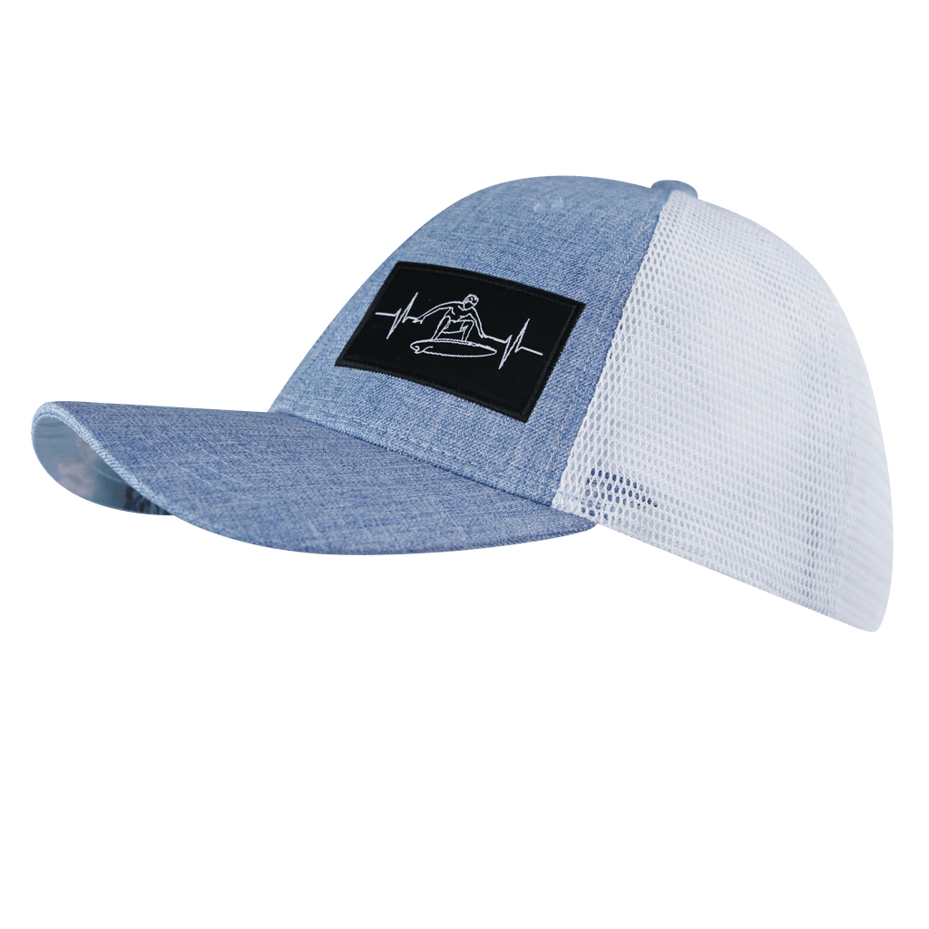 The Heartbeat Brand Surf Hat - Low Profile - Light Blue / White - Trucker Mesh — lifestyle worn / used context