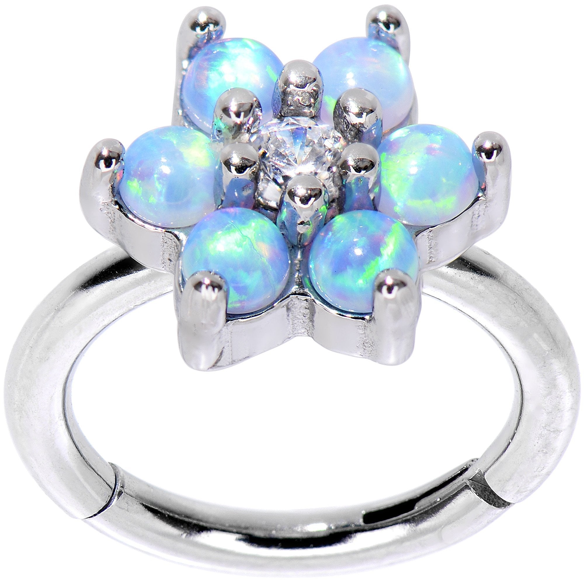 BodyCandy 16G 5/16 Clear CZ Gem Blue Faux Opal Hinged Segment Ring — main product shot