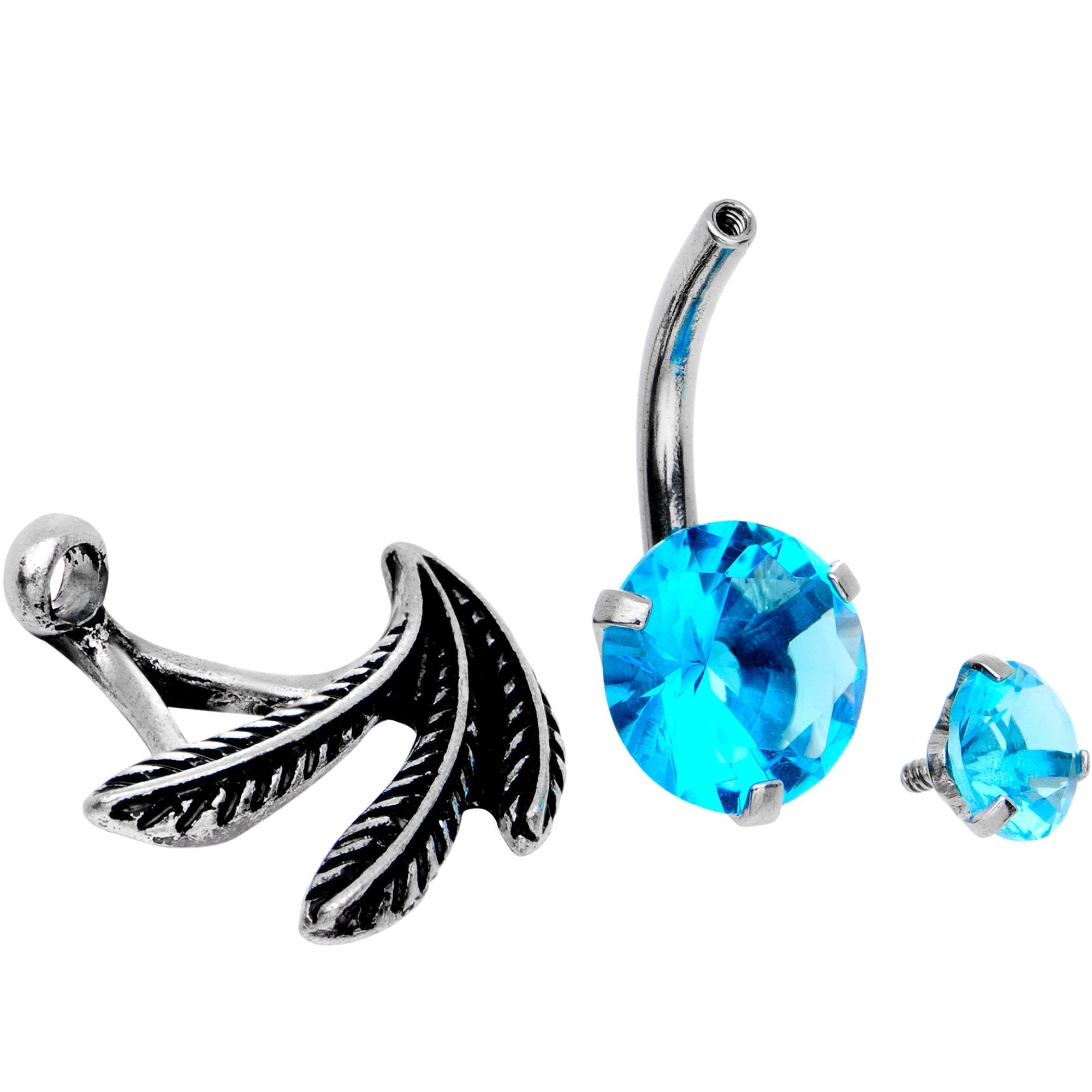BodyCandy Blue CZ Gem Feather Trio Dangle Belly Ring — branding close-up