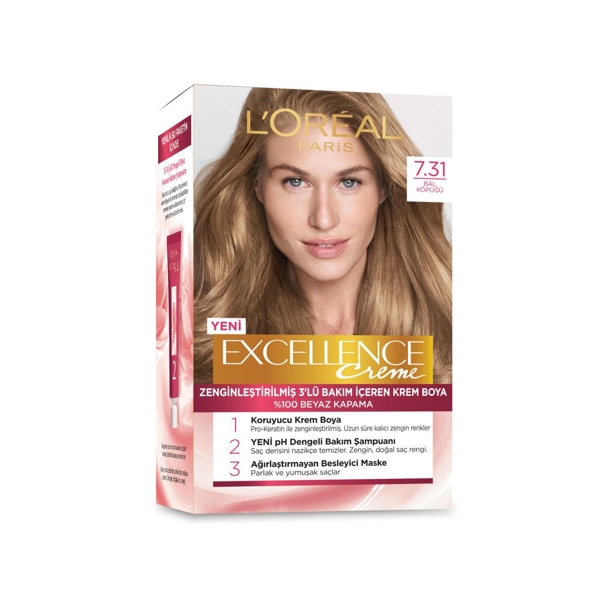 Loreal Paris Excellence Creme Hair Color - 7.31 Bal Köpüğü, Long-Lasting & Nourishing Hair Dye for Complete Grey Coverage