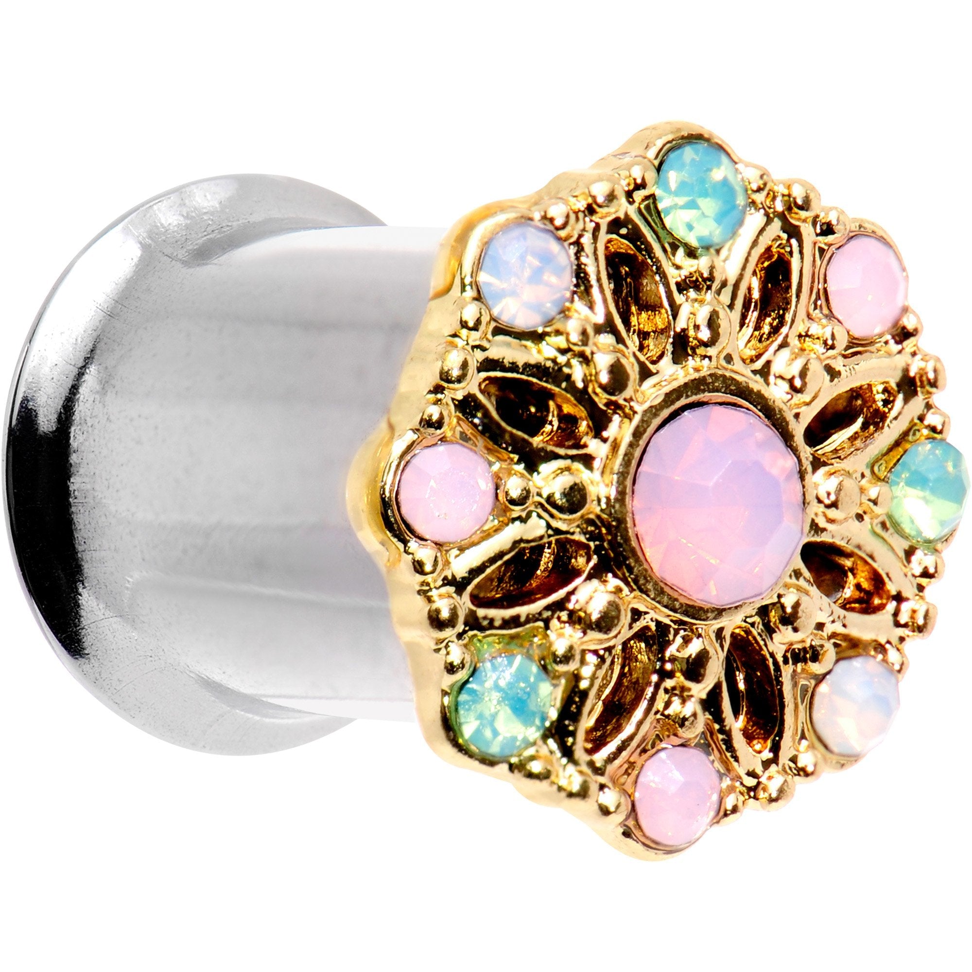 BodyCandy Pink Green White Gem Glam Flower Double Flare Tunnel Plug Set — detail close-up