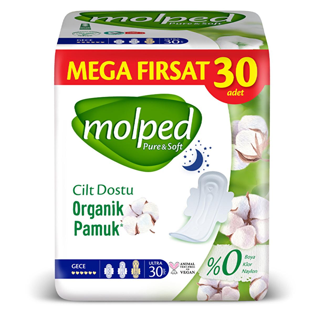 Molped Pure & Soft: 30-Count Overnight Feminine Hygiene Pads - Hypoallergenic, Chemical-Free, and Vegan for Sensitive Skin