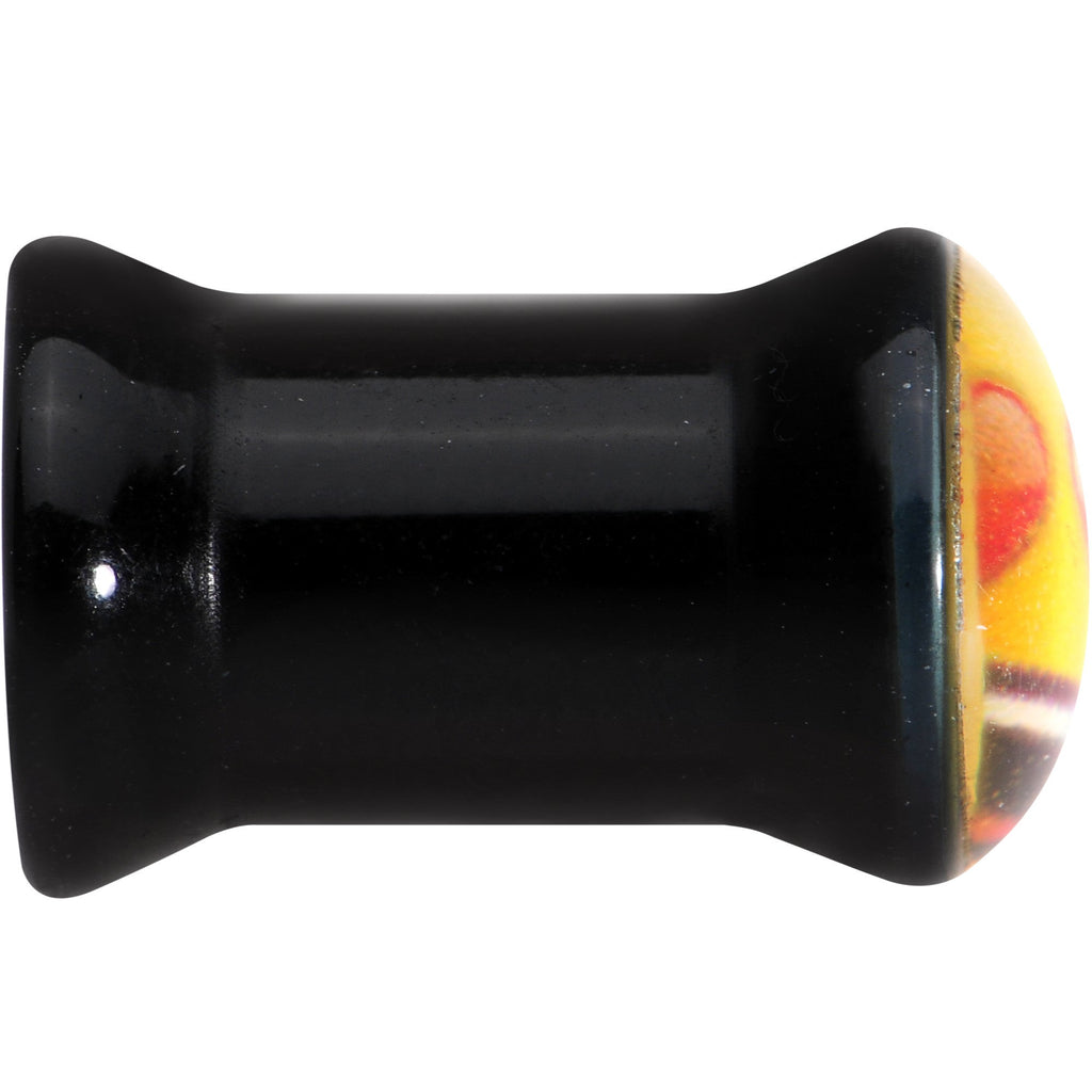 BodyCandy 2G Licensed Heart Eyes emoji Acrylic Double Flare Plug Set — BodyCandy branding close-up