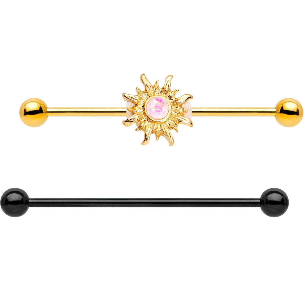 BodyCandy 14G Faux Opal Black Gold Tone Sun Industrial Barbell 38mm Set of 2 — detail close-up