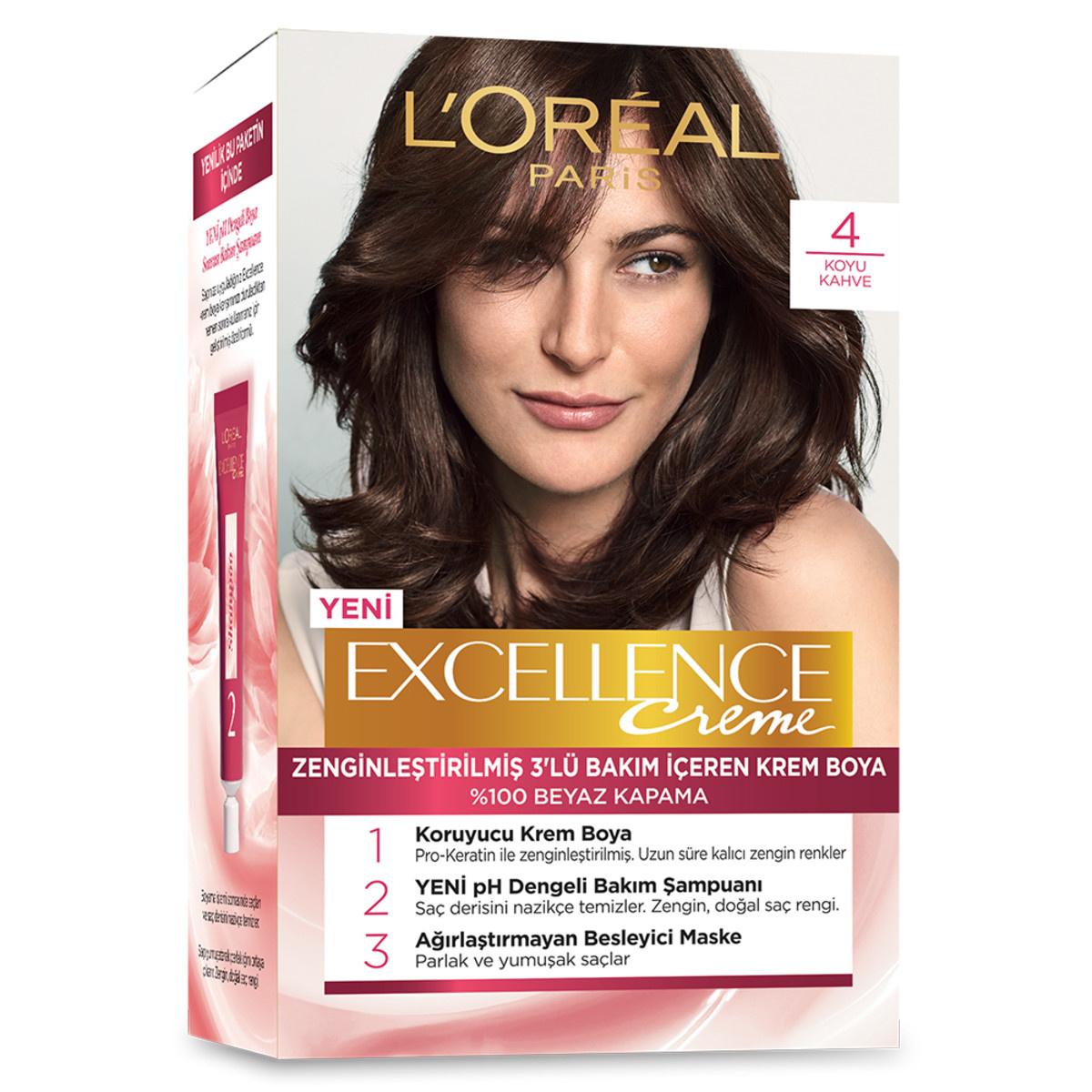 Loreal Paris Excellence Creme Hair Dye - 4 Koyu Kahve, 100% Grey Coverage, Nourishing Hair Color
