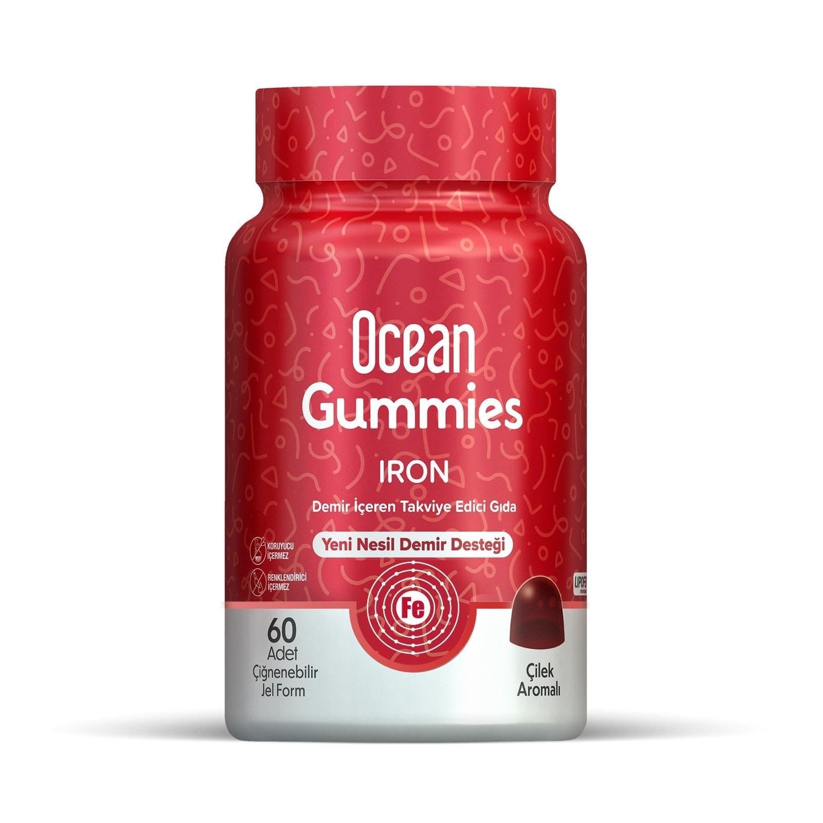 Ocean Gummies Iron Supplement - 60 Chewable Strawberry Flavor Iron Gummies for Iron Deficiency, Dietary Supplement
