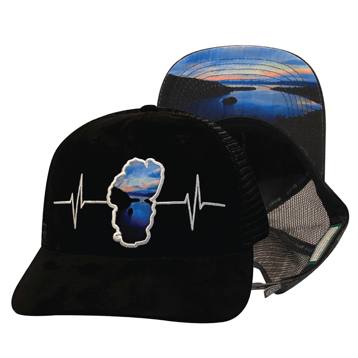 The Heartbeat Brand Tahoe Baseball Hat — Suede Black / Sunrise — main product shot