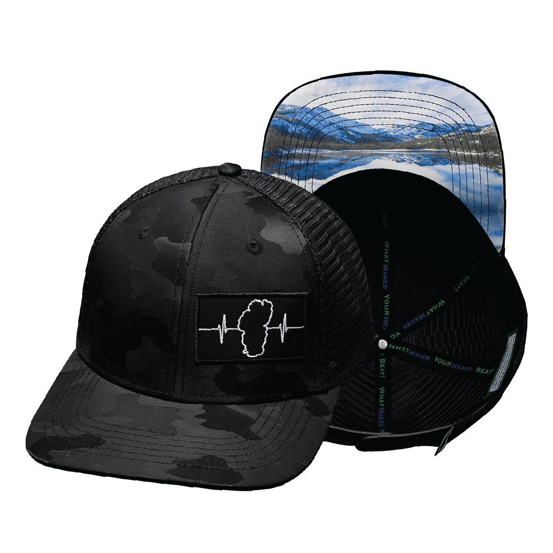 The Heartbeat Brand Tahoe Baseball Hat — Black Camo / Black — main product shot