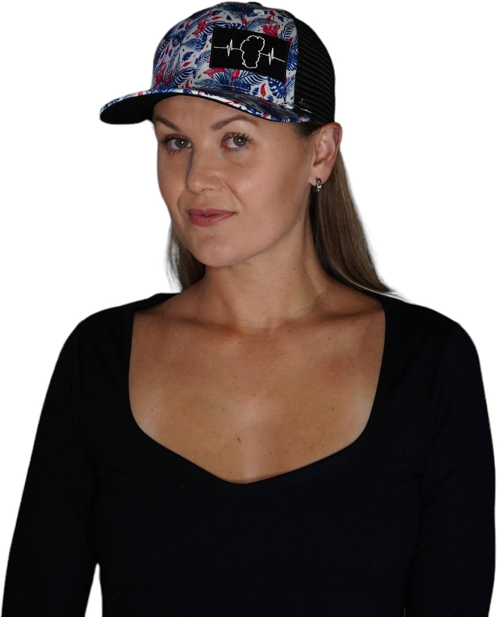 Tahoe Hat - Baseball Hat Fit - White Floral - Black - Trucker Mesh