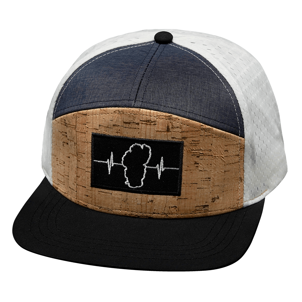 The Heartbeat Brand Tahoe Hat - Flat Bill - Cork - Black / Navy / White - Jersey Mesh — The Heartbeat Brand branding close-up