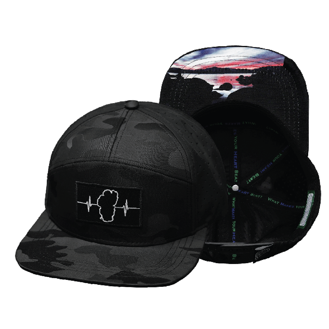 The Heartbeat Brand Tahoe Flat Bill Hat — Black Camo / Black — main product shot