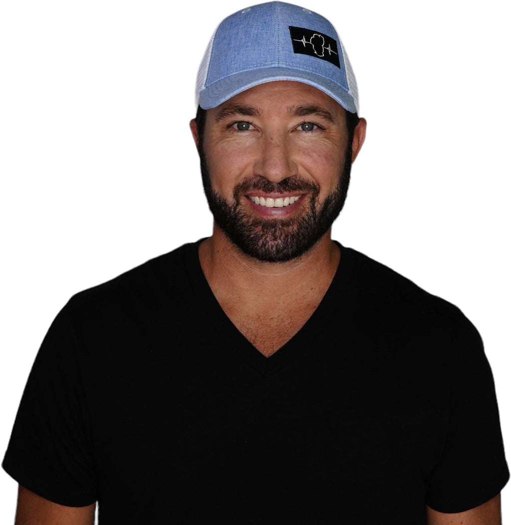 The Heartbeat Brand Tahoe Hat - Low Profile - Light Blue / White - Trucker Mesh — detail close-up