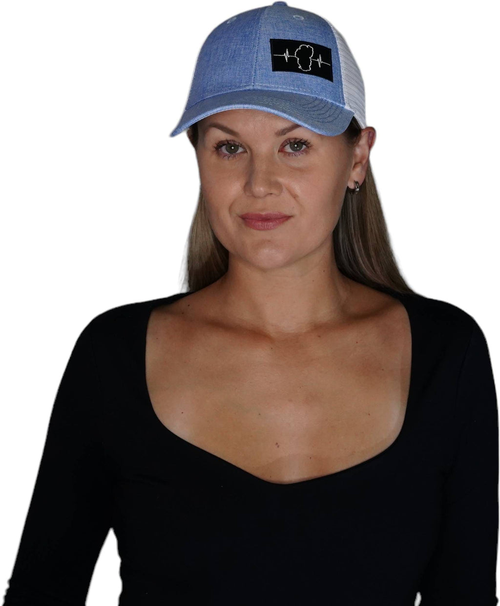 The Heartbeat Brand Tahoe Hat - Low Profile - Light Blue / White - Trucker Mesh — lifestyle context