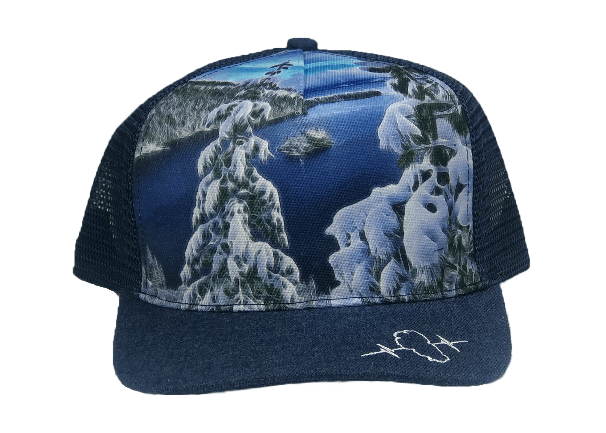The Heartbeat Brand Tahoe Trucker Hat — Heather Navy / Emerald Bay Snow — main product shot