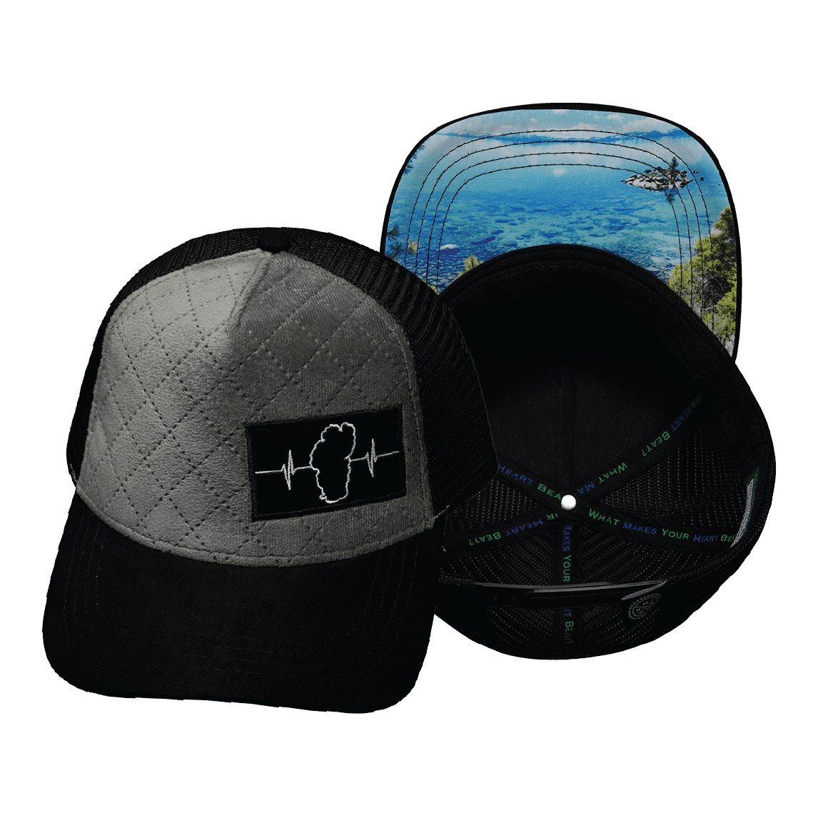 The Heartbeat Brand Tahoe Trucker Hat — Quilted Velvet Black / Gray — main product shot