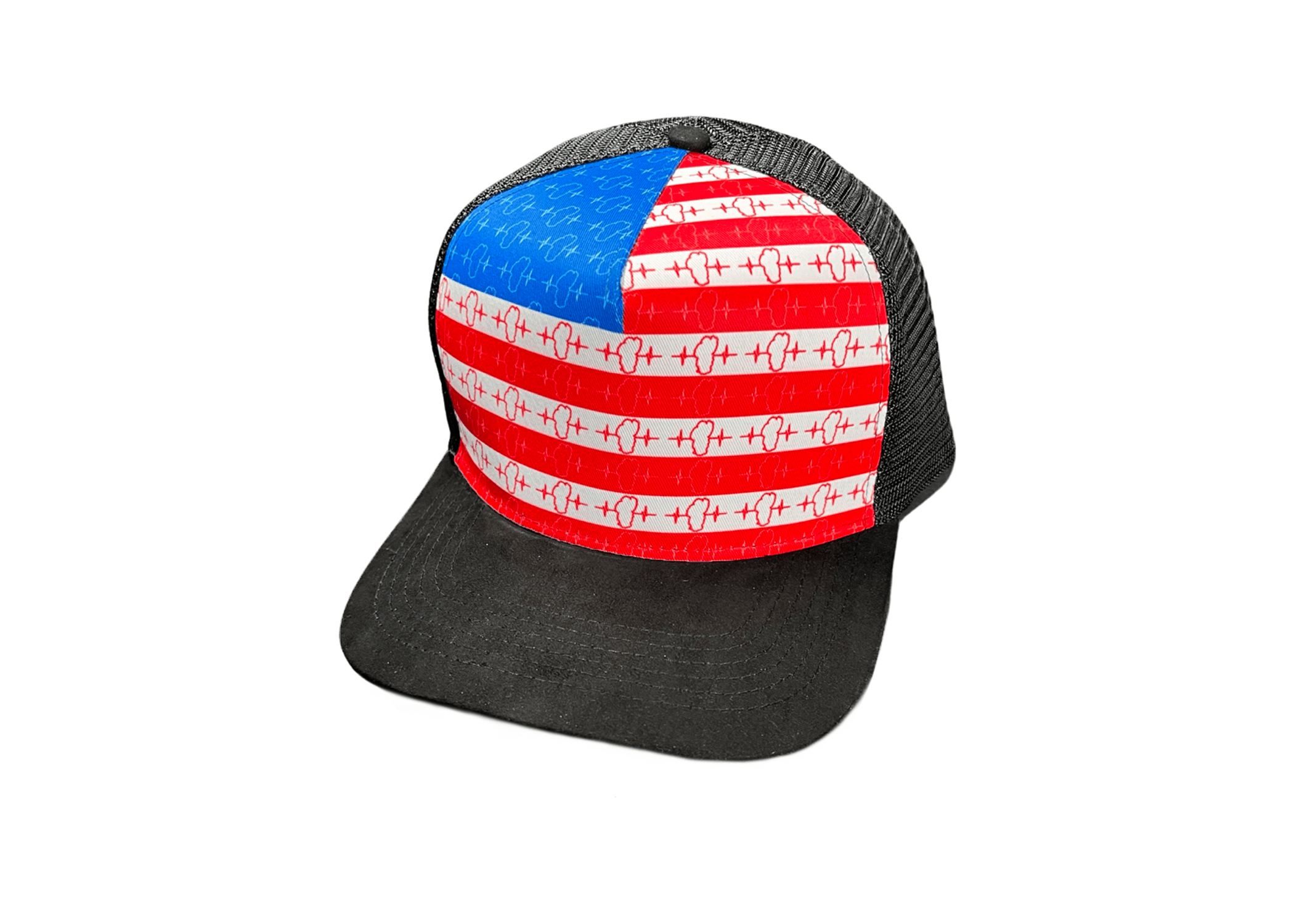 The Heartbeat Brand Tahoe Trucker Hat — Suede Black / American Flag — main product shot