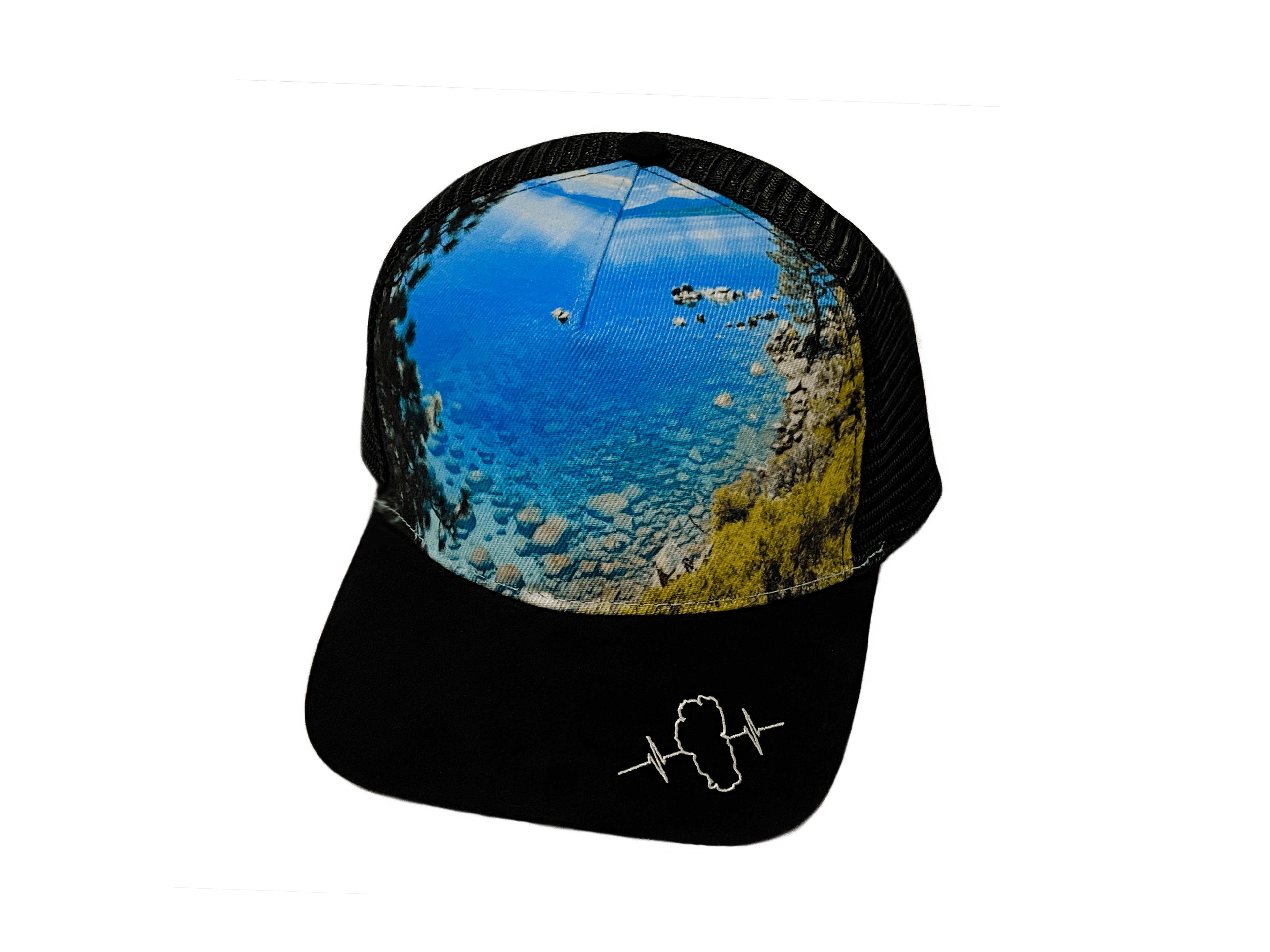 The Heartbeat Brand Tahoe Trucker Hat — Suede Black / Glass — main product shot