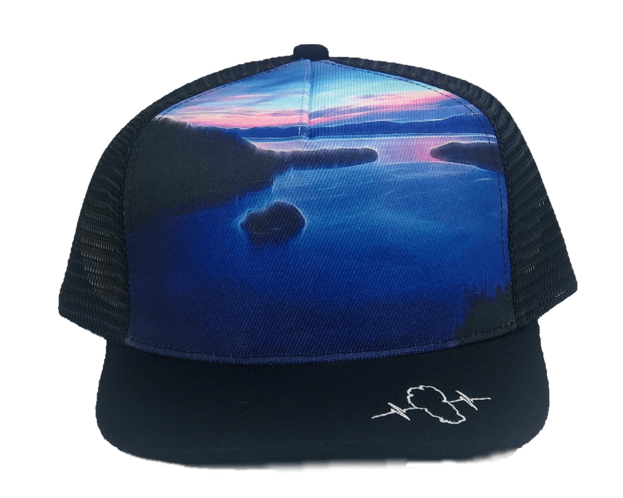 The Heartbeat Brand Tahoe Trucker Hat — Suede Black / Sunrise — main product shot