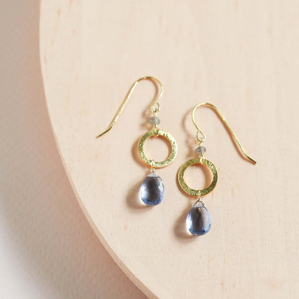 PARKEN JEWELRY Tanzanite Quartz Gold Drop Earrings — detail close-up