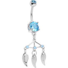 BodyCandy Aqua CZ Gem Free Spirit Feather Dangle Belly Ring