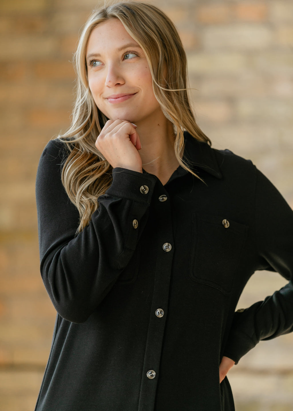Inherit Co. Teagan Black Ultra Soft Shirt Dress - FINAL SALE — fabric or material detail
