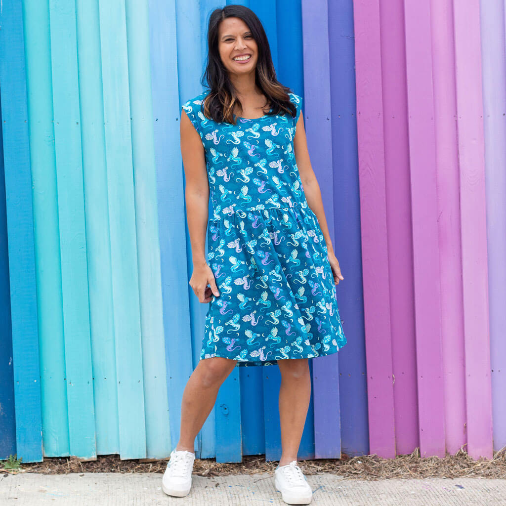Princess Awesome & Boy Wonder Adult "Slay All Day" Dragons Cap Sleeve Dress with Pockets — main product shot