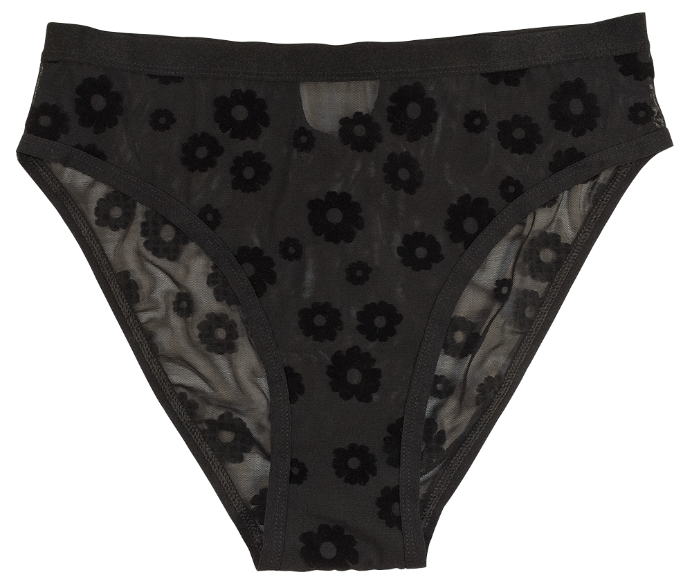 Love Libby Panties Black Daisy Flocked Mesh High Waist Bikini — Love Libby Panties branding close-up