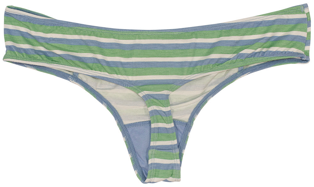 Love Libby Panties Blue and Green Striped Modal Thong with Ruching — Love Libby Panties branding close-up