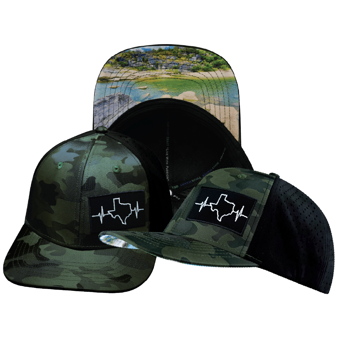 The Heartbeat Brand Texas Baseball Hat — Green Camo / Black — main product shot