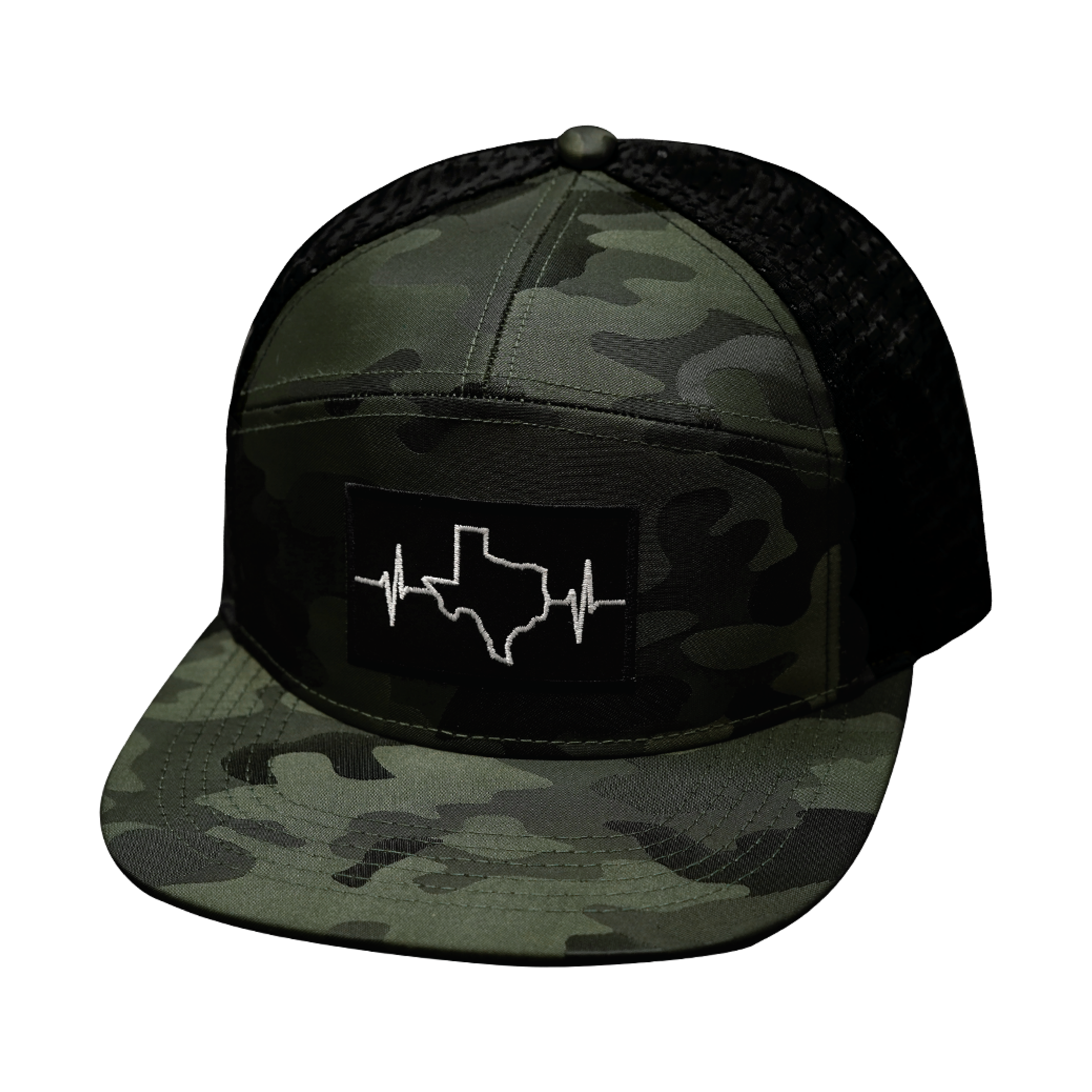 The Heartbeat Brand Texas Hat - Flat Bill - Green Camo / Black - Jersey Mesh — lifestyle worn / used context