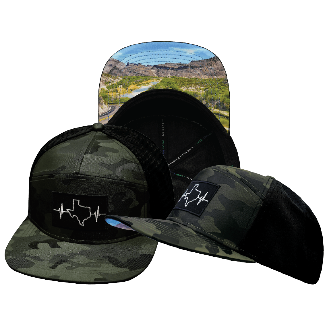 The Heartbeat Brand Texas Hat - Flat Bill - Green Camo / Black - Jersey Mesh — main product shot