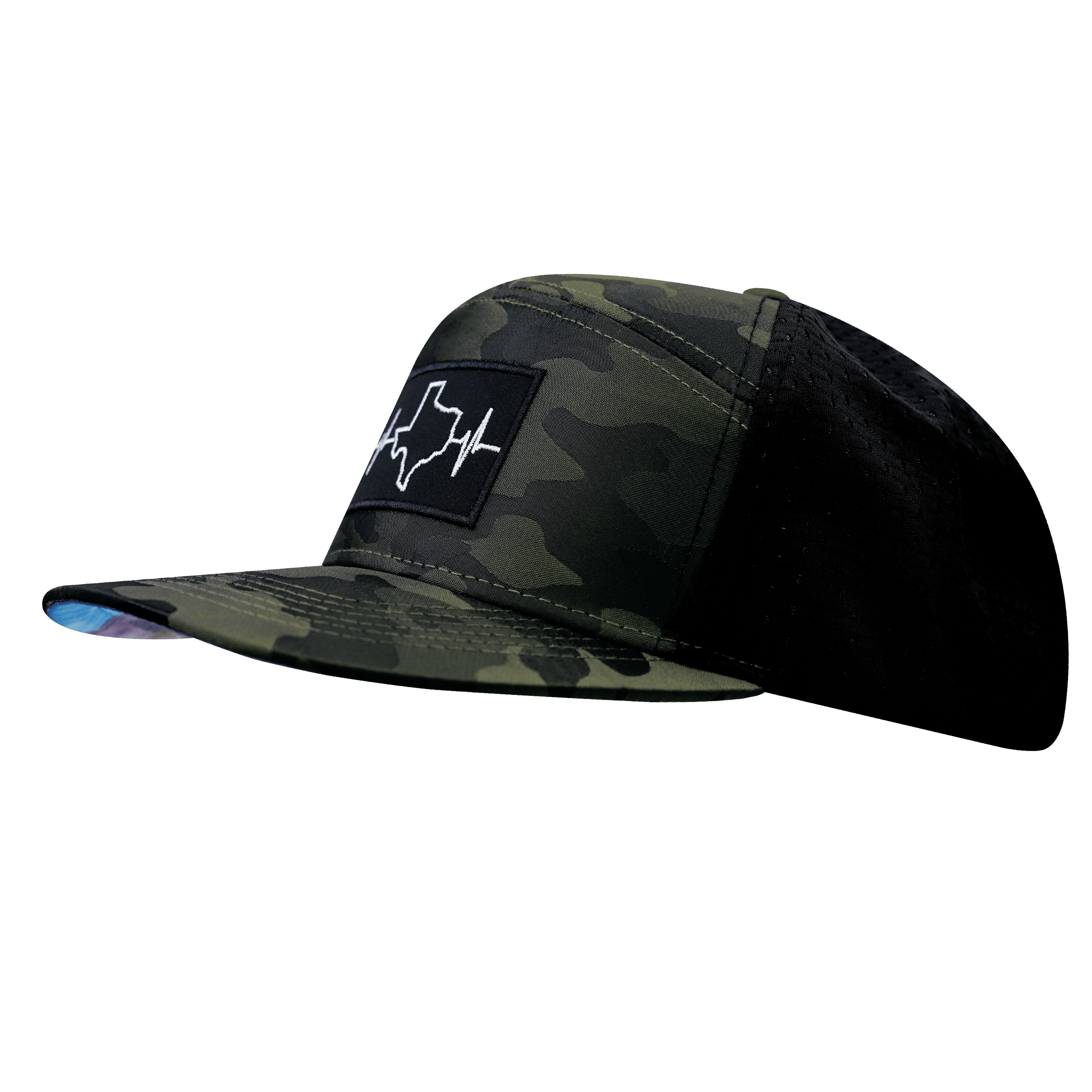 The Heartbeat Brand Texas Hat - Flat Bill - Green Camo / Black - Jersey Mesh — The Heartbeat Brand branding close-up