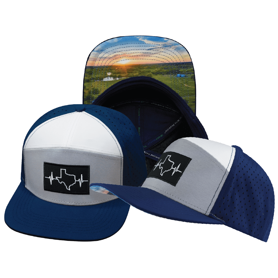 The Heartbeat Brand Texas Flat Bill Hat — Navy / Gray / White — main product shot