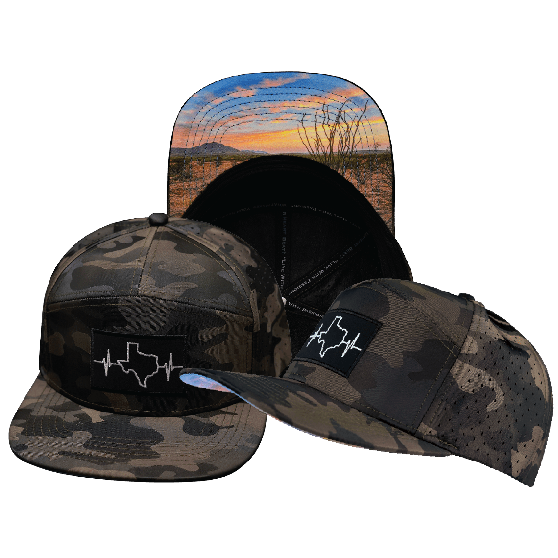 The Heartbeat Brand Texas Hat - Flat Bill - Tan Camo - Laser Mesh — main product shot