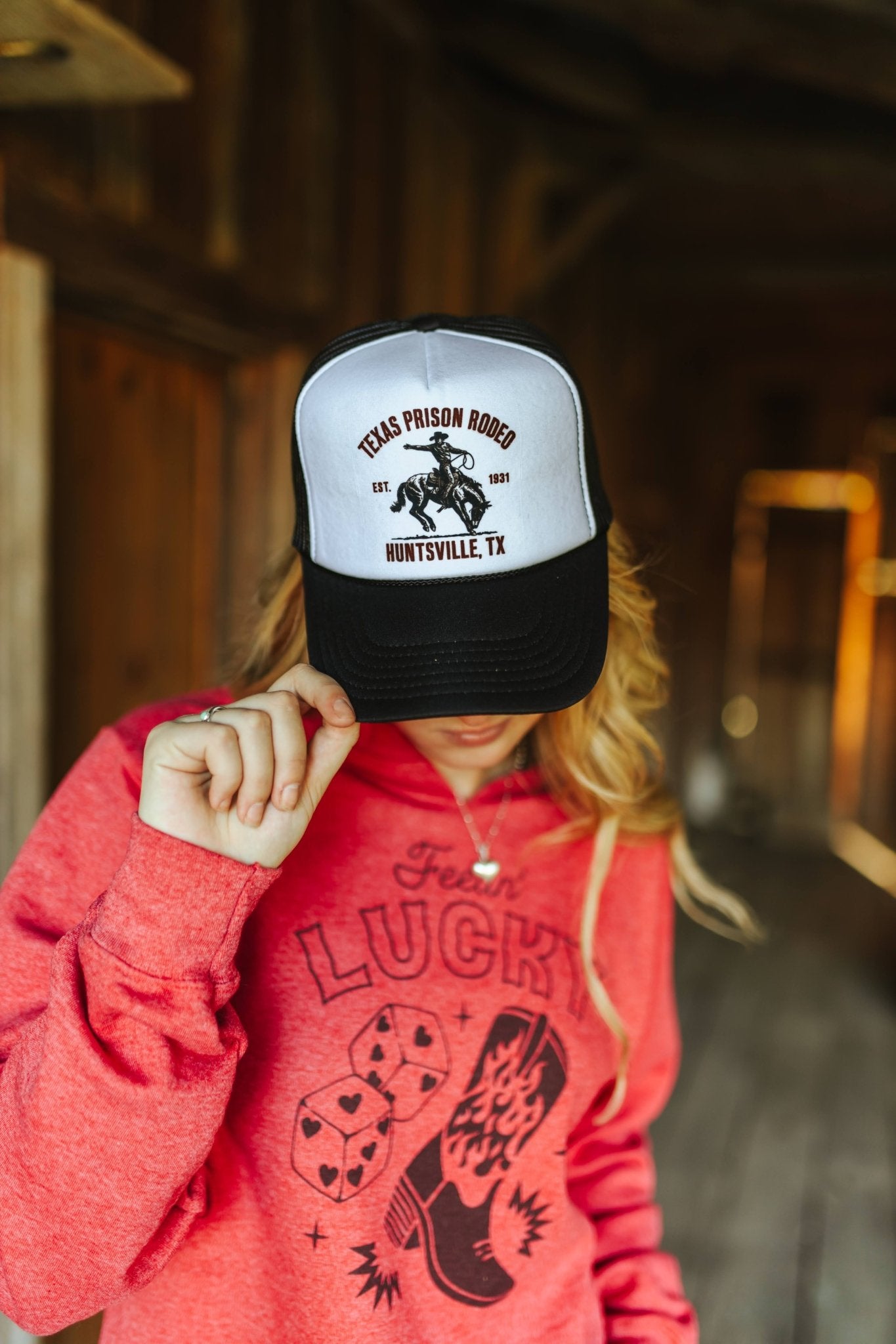 Wild Junkie Texas Prison Rodeo Trucker Hat — detail close-up
