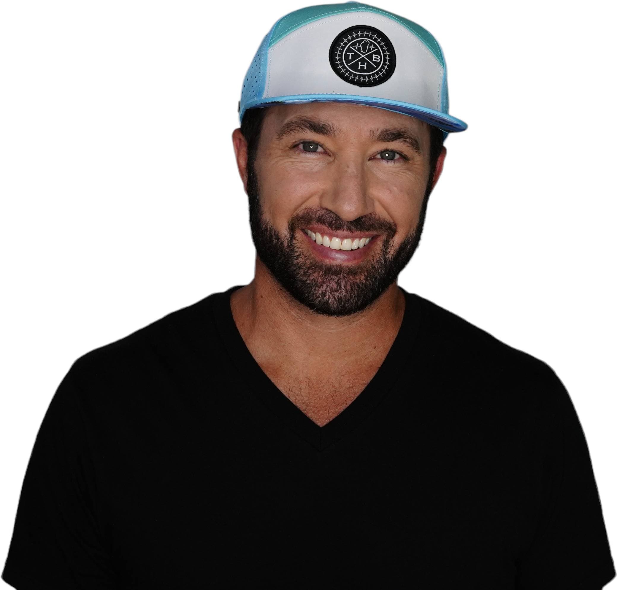 The Heartbeat Brand THB Hat - Flat Bill - Light Blue / White / Teal - Laser Mesh — detail close-up