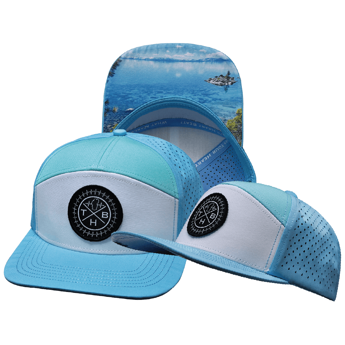 The Heartbeat Brand THB Hat - Flat Bill - Light Blue / White / Teal - Laser Mesh — main product shot