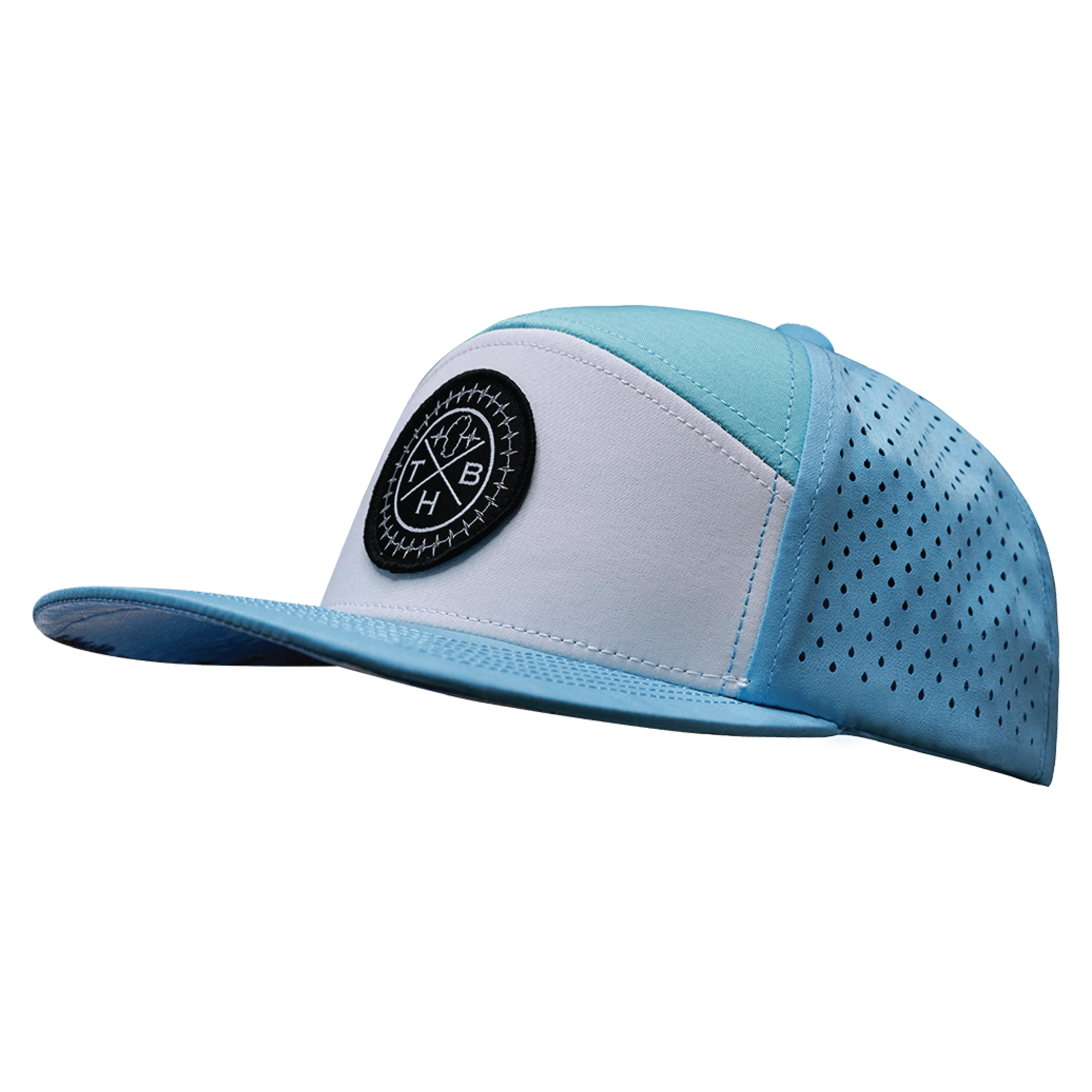 The Heartbeat Brand THB Hat - Flat Bill - Light Blue / White / Teal - Laser Mesh — side view