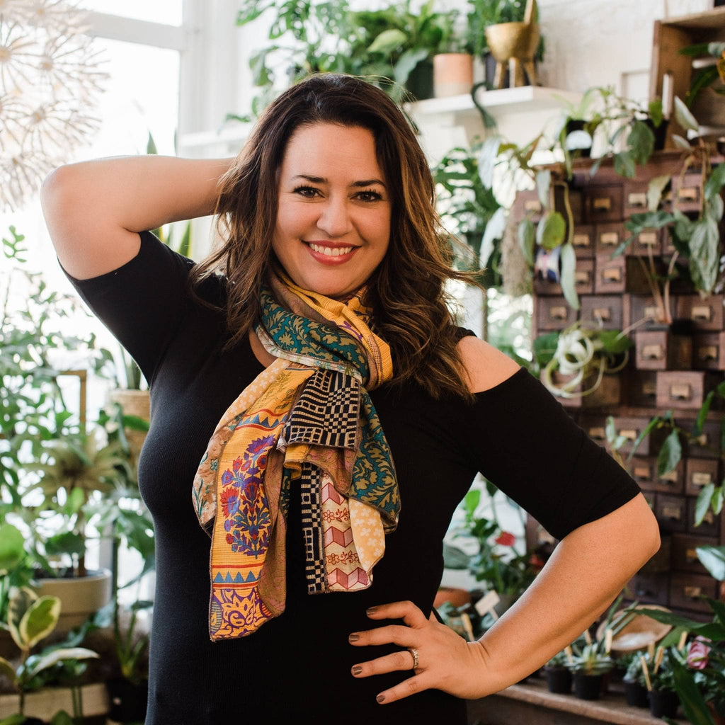 Darn Good Yarn The Medley Sari Silk Scarf — Darn Good Yarn branding close-up