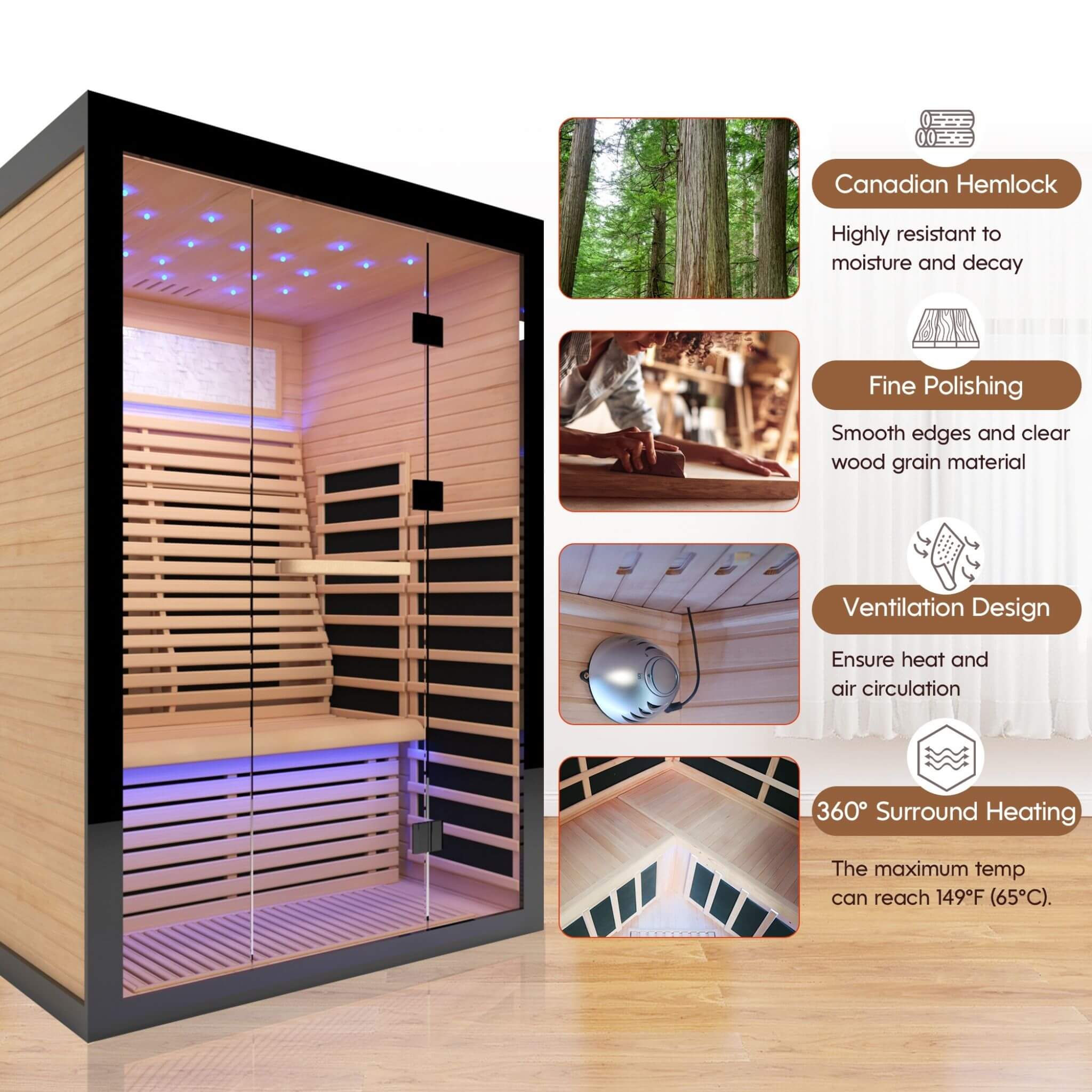 Thermora Vapor Luxury 2-Person Canadian Hemlock Wood Far Infrared Home Sauna (SAK56874) – SAKSBY WHOLESALE, view 4