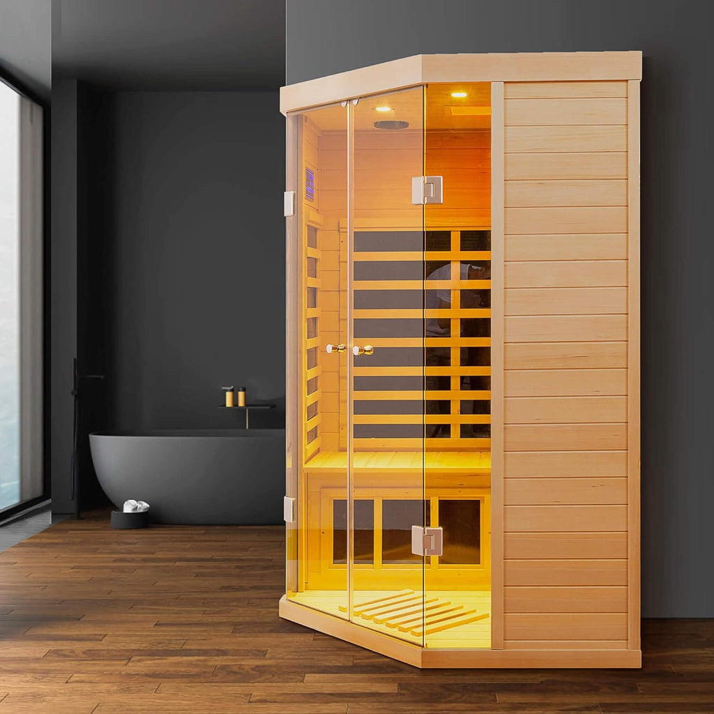 Thermora Laurent Premium 2-Person 1600W Corner Space Infrared Wooden Sauna Room With Bluetooth Speakers (SAK81524) – SAKSBY W