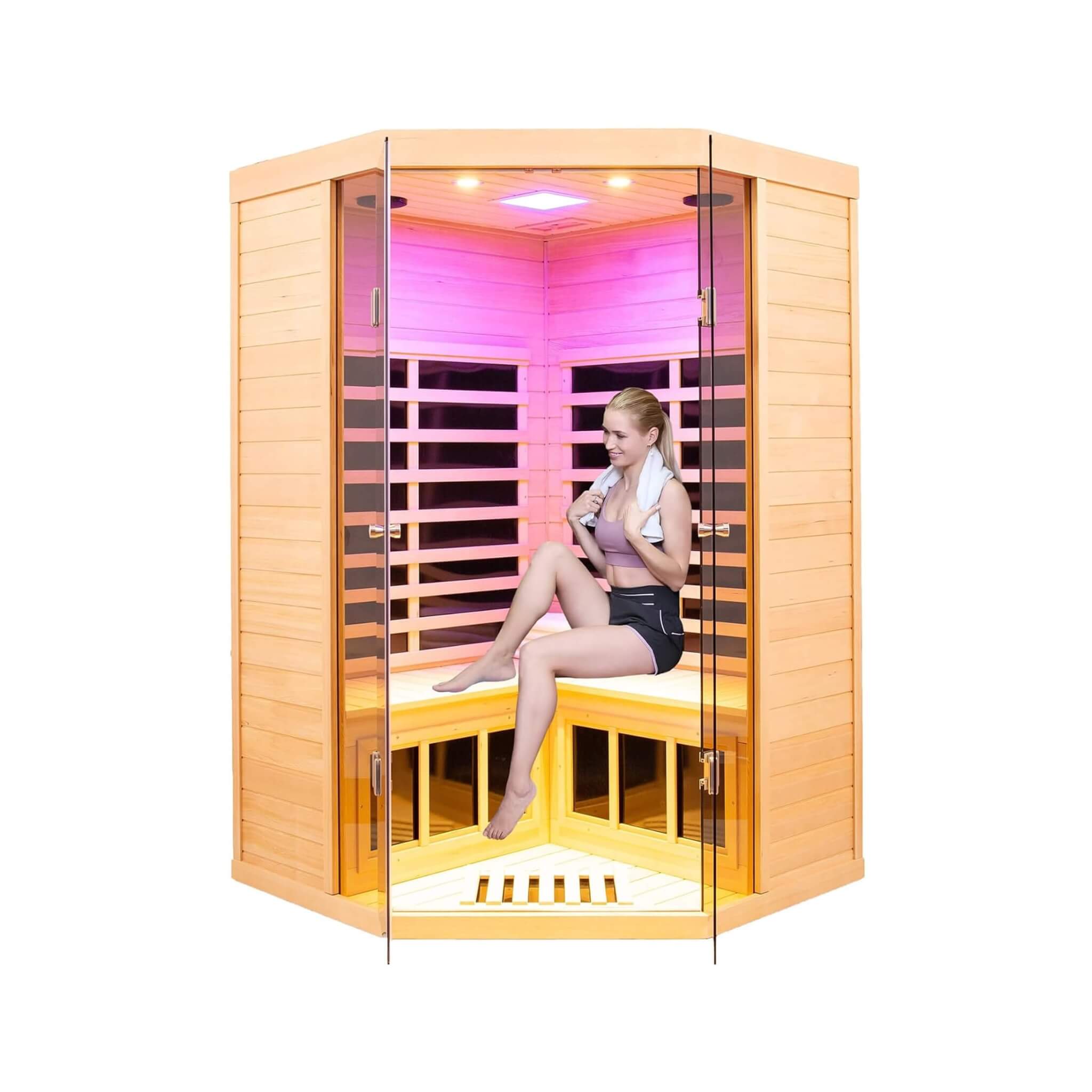 Thermora Laurent Premium 2-Person 1600W Corner Space Infrared Wooden Sauna Room With Bluetooth Speakers (SAK81524) – SAKSBY W