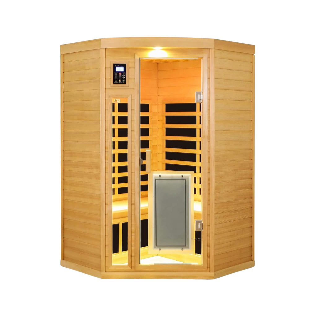 Thermora Laurent Premium 2-Person 1600W Corner Space Infrared Wooden Sauna Room With Bluetooth Speakers (SAK81524) – SAKSBY W