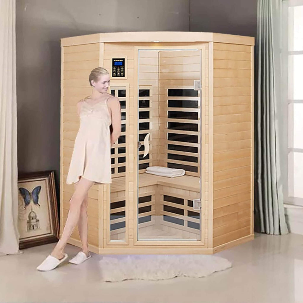 Thermora Laurent Premium 2-Person 1600W Corner Space Infrared Wooden Sauna Room With Bluetooth Speakers (SAK81524) – SAKSBY W
