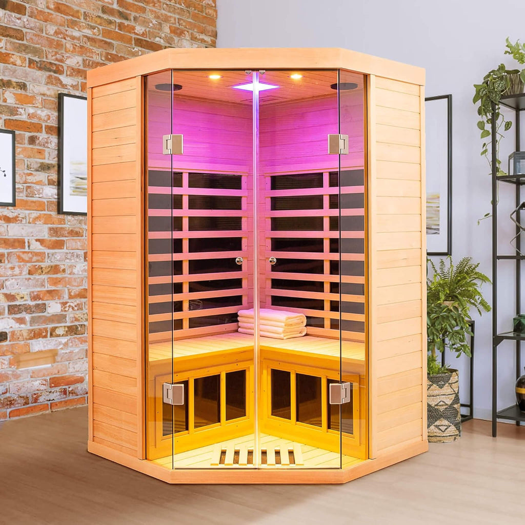 Thermora Laurent Premium 2-Person 1600W Corner Space Infrared Wooden Sauna Room With Bluetooth Speakers (SAK81524) – SAKSBY W
