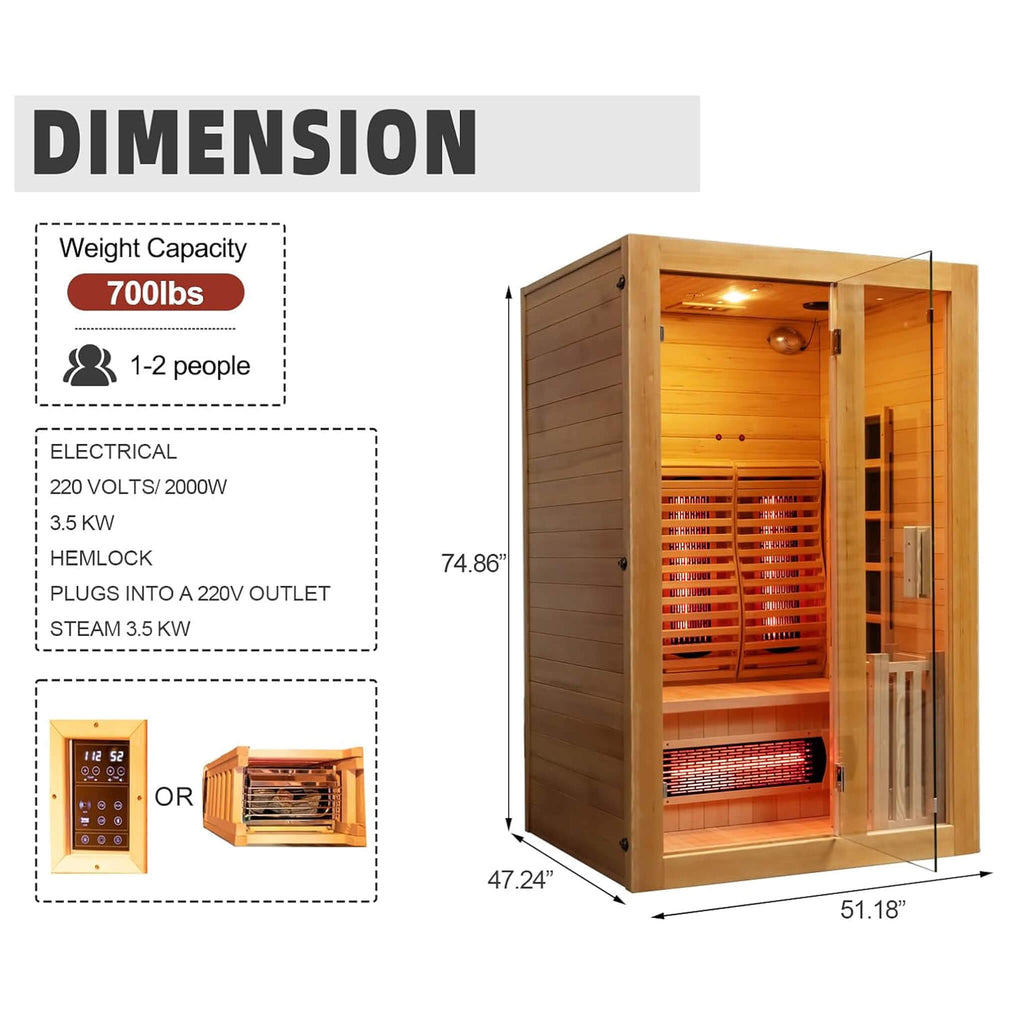 Rövia Luma 2-Person Indoor Hybrid Sauna Room With Infrared And 3.5KW Steam Heater [Made-To-Order] (SAK83750) – SAKSBY WHOLESA