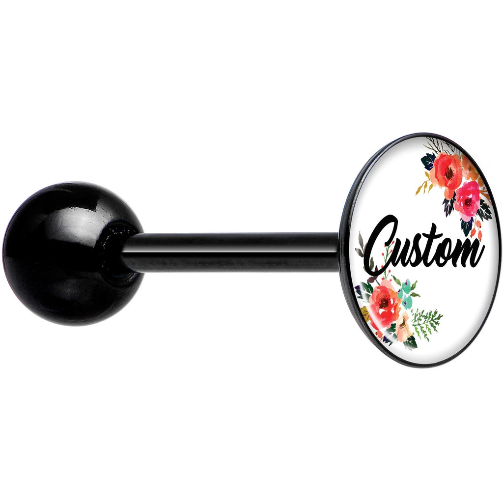 BodyCandy Custom Floral Personalized Name Black Barbell Tongue Ring — main product shot
